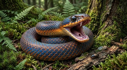Fototapeta premium A stunning snake with vibrant colors coils, poised in a lush, verdant environment. Its mouth is open, revealing its fangs, surrounded by verdant nature 