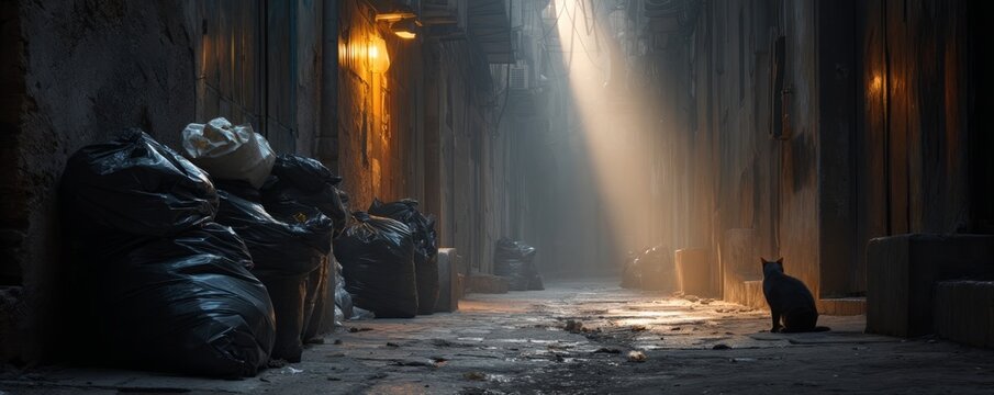 Narrow Alley Behind Old Buildings Clogged with Overflowing Garbage Bags