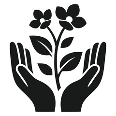 Obraz premium Hands holding a blooming plant with flowers, graphic icon, the image symbolizes