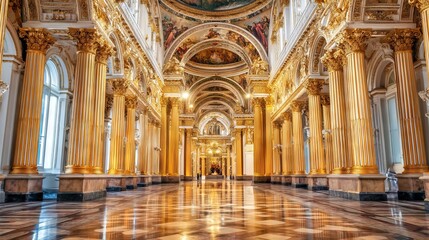 Obraz premium Majestic Palace Hallway with Reflective Marble Floors and Ornate Gold Details