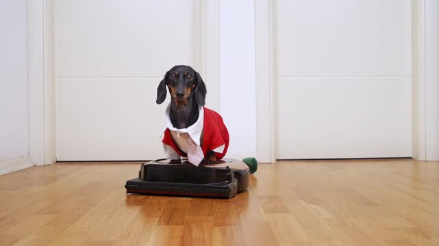 Black dachshund in red and white suit standing on moving robot vacuum cleaner on wooden floor indoor, funny home scene of naughty puppy