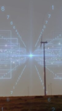 Vertical video: Camera shifting AR overlay appearing framing pole pulsing cyan digits for telecom