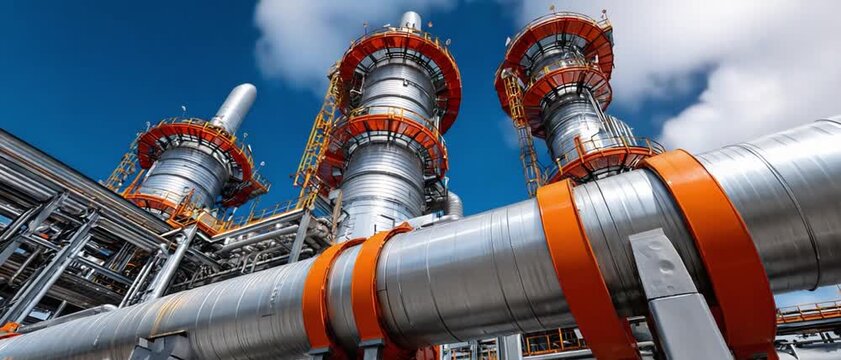 Industrial Pipes under Blue Sky: A compelling scene of industrial pipes against a clear blue sky, demonstrating engineering prowess and infrastructure.