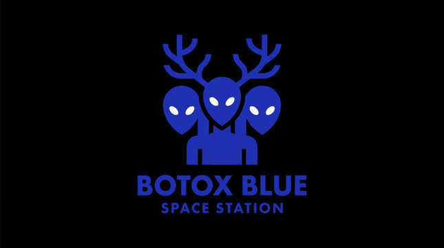 Abstract illustration of blue alien heads with antlers on black background