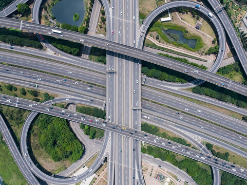 Aerial View of Highway Interchange - Transport concept image, birds eye view use the drone in Pingzhen Interchange System, Taoyuan, Taiwan.