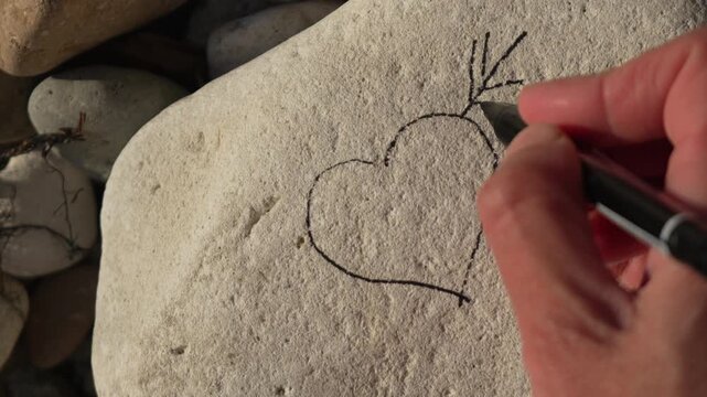 Heart rock drawing close up of a hand using a black marker to sketch a romantic symbol on a smooth white pebble