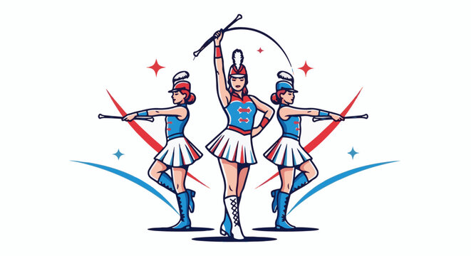 Three stylized women in marching band uniforms twirl batons