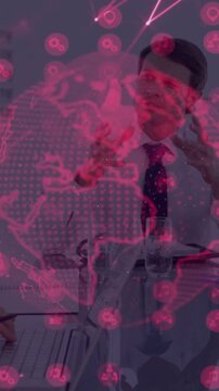 Vertical video: Man starting speech and gesturing in biz, magenta globe over laptop presenting data