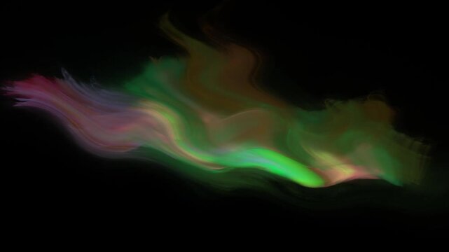 Onde luminose e colorate in tonalit&agrave; verdi, rosa e arancioni su sfondo nero, con movimento fluido 