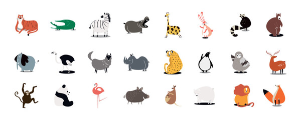 Obraz premium Illustration of various animals including a tiger, zebra, giraffe, and penguin. Cartoon style animals in a grid layout, featuring diverse wildlife characters. Animal illustrations, isolated vectors.