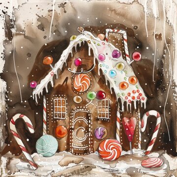 Watercolor painting of a gingerbread house with candy decorations. Snow effect background