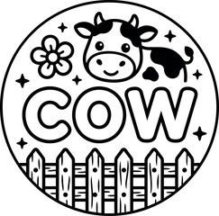 Naklejka premium Black and white line art cute cow face flower and wooden fence