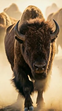 Powerful American bison leading a herd through dust in the prairie at sunset. Majestic wildlife stampede with dramatic golden hour light and intense leadership energy