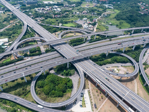 Aerial View of Highway Interchange - Transport concept image, birds eye view use the drone in Pingzhen Interchange System, Taoyuan, Taiwan.