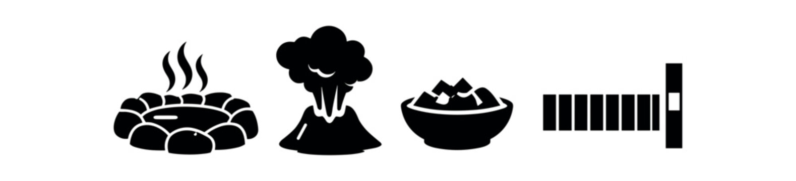 Hot spring icon set. thermal pool, erupting vent, bowl of salts, depth gauge, spa elements. flat vector illustration.