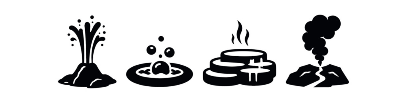 Geothermal spa icon set. geyser eruption, bubbling thermal pool, spa stones with steam, volcanic vent smoke. flat vector illustration.