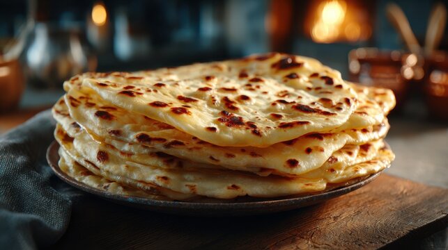 Stacked Moroccan msemen flatbreads with crispy edges and golden tone, accompanied by traditional tableware in a cozy setting.