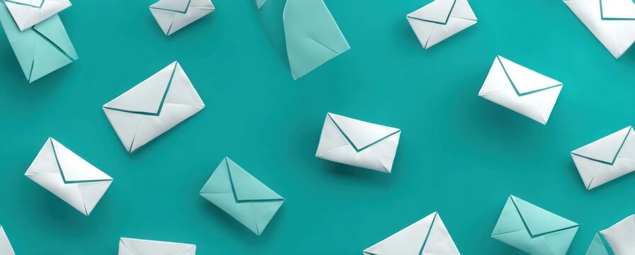 Collection of floating white envelopes with triangular flaps on a vibrant teal background
