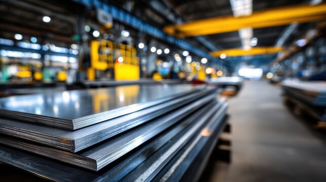 Stacked stainless steel sheets in warehouse with blurred machinery, ideal for industrial material storage visuals.