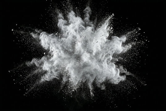 Symmetric white powder cloud explosion on black background