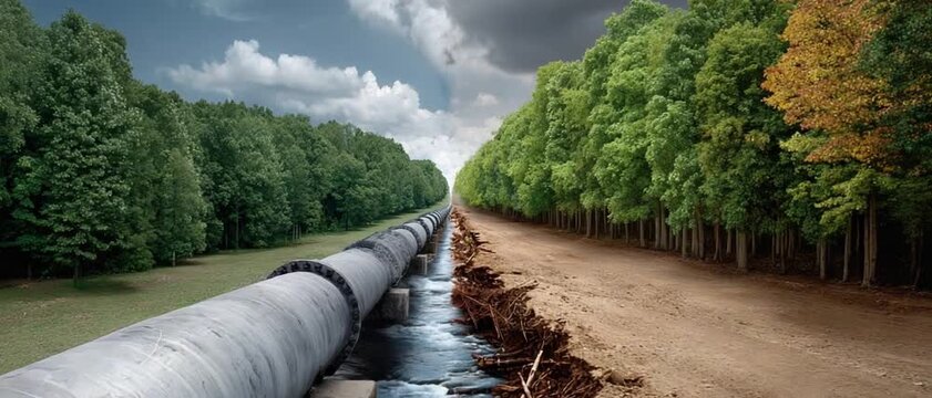 Pipeline Divide: An image depicts a stark contrast between a lush, verdant forest and a deforested area, bisected by a prominent pipeline, highlighting environmental impacts.