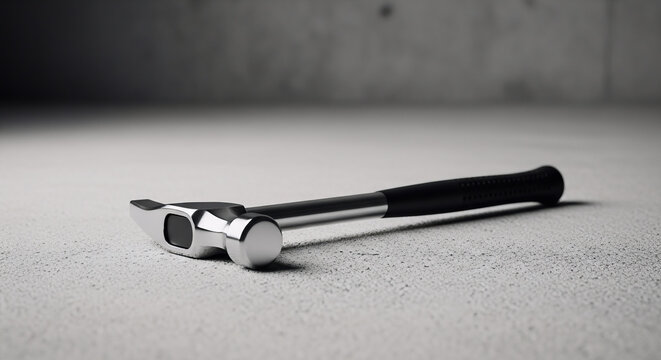 Close-up of a ball-peen hammer with black handle on gray surface
