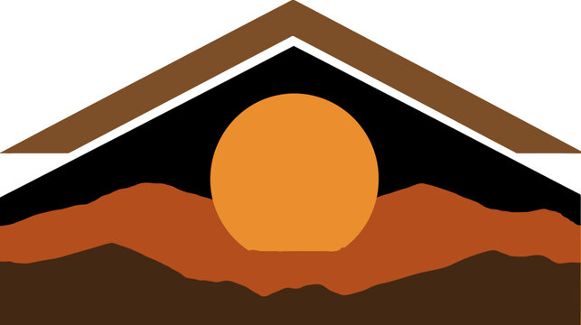 Abstract graphic of a vibrant sun over rolling desert hills beneath a stylized roofline, minimalist design