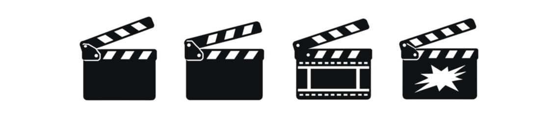 Fototapeta premium Clapperboard icon set. movie slate, film, cinema, directing, take, cue, action. line, flat and colored vector icon set.
