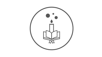 Fototapeta premium Outline icon of burning candle on open book with rising particles, symbolizing enlightenment, knowledge, education, study, and wisdom.