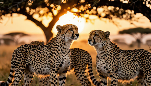 Two cheetahs stand close together as the sun sets behind them. The cheetahs gaze towards each other against a warm, golden backdrop.