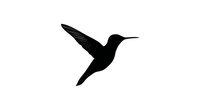 Black silhouette of a flying hummingbird with outstretched wings, isolated on a clean white background. Minimalist bird icon.