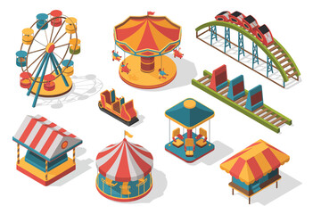 Collection of isometric 3D amusement park icons featuring a ferris wheel, roller coaster, carousel, carnival tent, swing ride, and food stall, presented on a white background  © wellcomejun