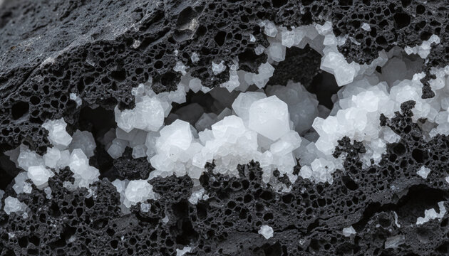 CO2 mineralization cross section with white carbon crystals in dark basalt rock