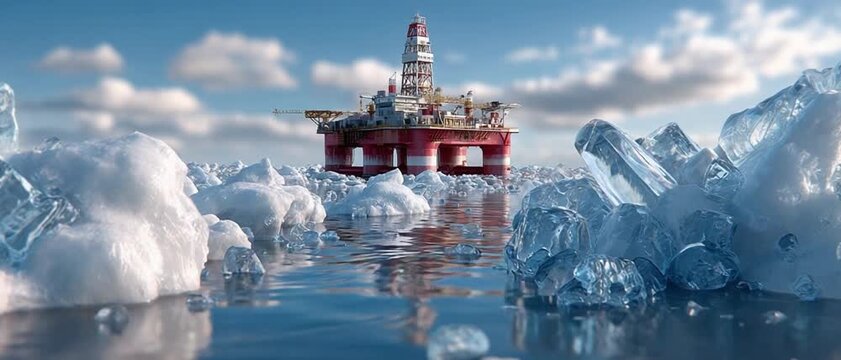 Drilling Platform in Icy Waters: An imposing drilling platform stands amidst a landscape of ice floes under a partly cloudy sky, reflecting a scene of industrial presence in a remote.