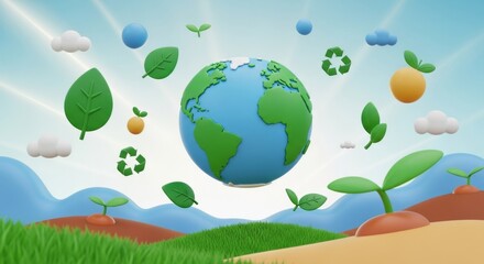Naklejka premium Earth Month 3D illustration with planet, leaves, sprouts and recycling icons
