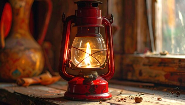 Vintage Red Oil Lantern Burning Brightly on a Rustic Wooden Surface.