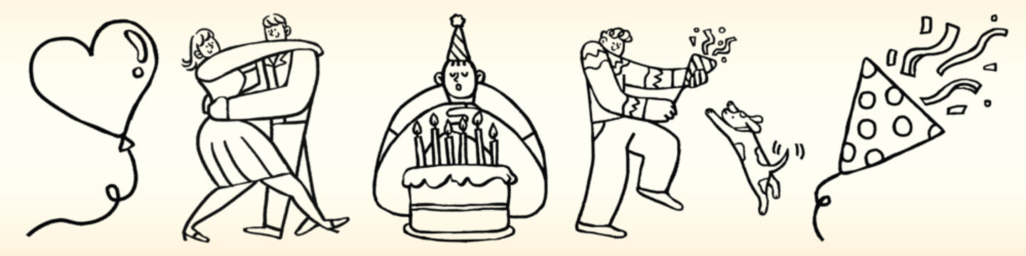 Line art of a couple dancing, a person with a birthday cake, and a man celebrating with a dog. Party, celebration, birthday, and fun depicted in simple drawings. Party elements vector set.