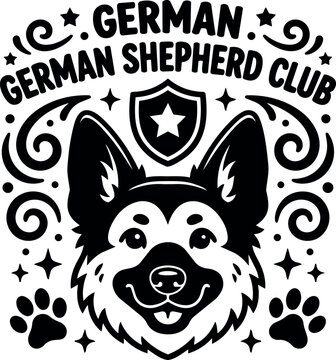 Black and white german shepherd club logo with dog face and paw prints vector art