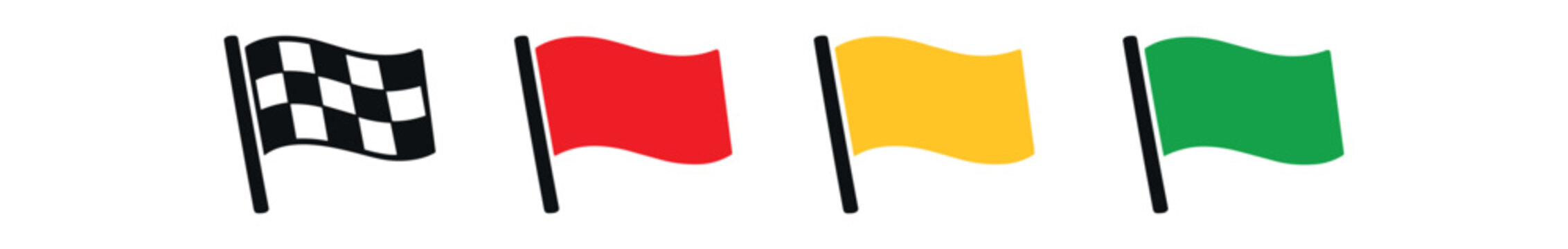 Colored flag icon set. checkered, red, yellow, green racing flags, signal, finish, warning, course, safety. line, flat and colored vector icon set.