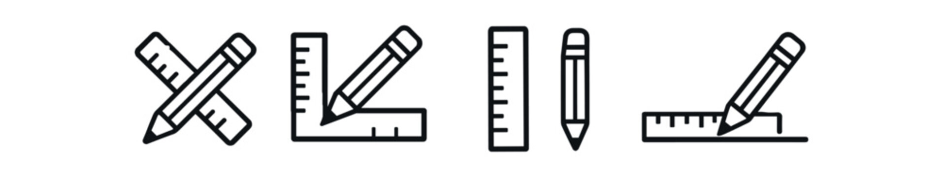 Pencil and ruler icon set. pencil, ruler, triangle, measuring, drawing, education, design. line and flat vector illustration.