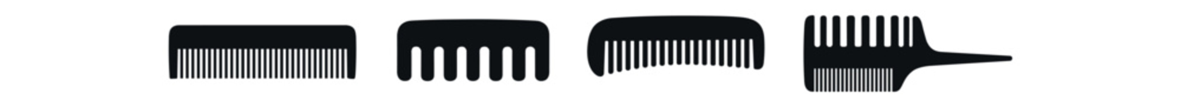 Hair comb icon set. wide tooth comb, pick, styling comb, barber tool, sectioning tail. flat vector icon set.