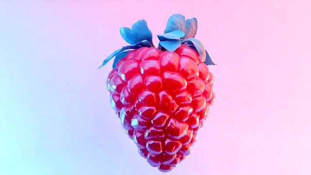 Raspberry with blue leaves on pastel background.