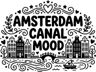 Obraz premium Amsterdam canal mood with classic houses boat and ornamental swirls black and white vector art