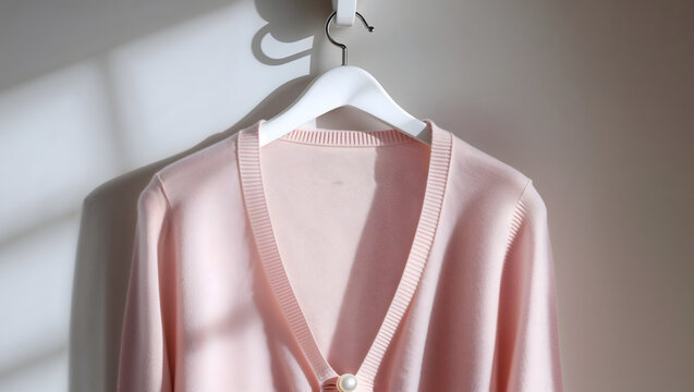 Blush pink cashmere cardigan hanging on minimalist white hook featuring pearl buttons and intricate stitching under sophisticated light highlighting airy fibers generative AI