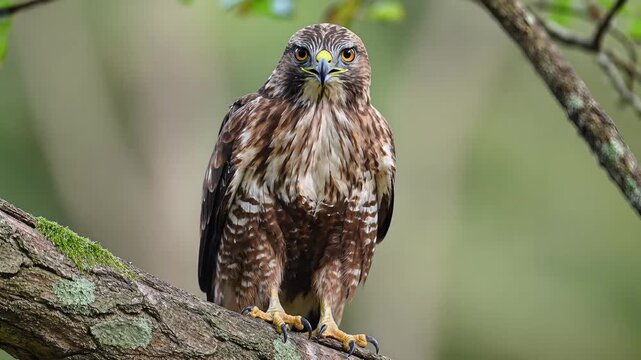 Majestic Redtailed Hawk Perched on Tree Branch in Natural Habitat.