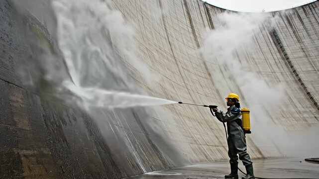 Industrial worker in protective gear power washing the mossy concrete wall of a massive dam structure creating a water mist and a small rainbow