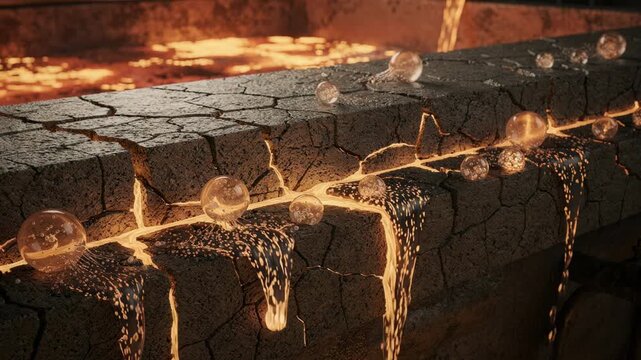 Detailed medium shot of selfrepairing refractory tiles inside a tundish capturing microcapsules releasing healing agents to fix heatinduced cracks in continuous steel casting