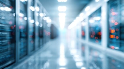 Blurred background of modern server room with rows of network cabinets for topics related to technology, cloud computing, cybersecurity, data and IT infrastructure, provider, hosting