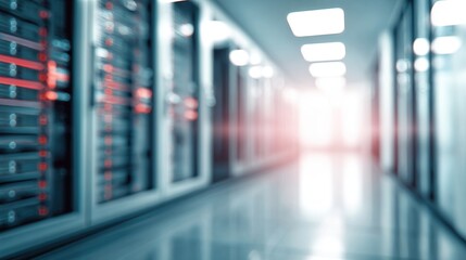 A modern, blurred data center interior with rows of server racks. A concept for technological infrastructure, a backdrop for projects in cloud computing, networking, and cybersecurity