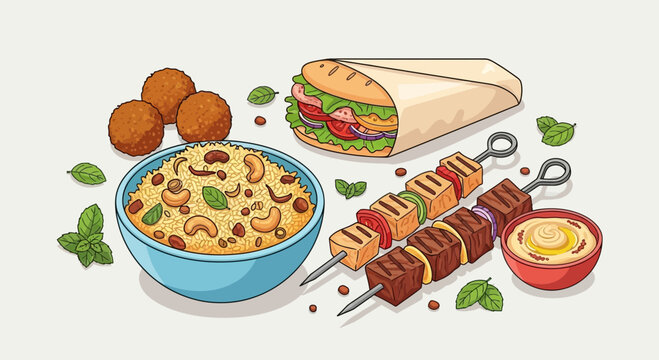 Middle Eastern Food Set Illustration with Shawarma Kebab Rice and Falafel